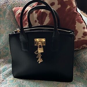 DKNY Elissa Top Zip Black Satchel with Gold Accents